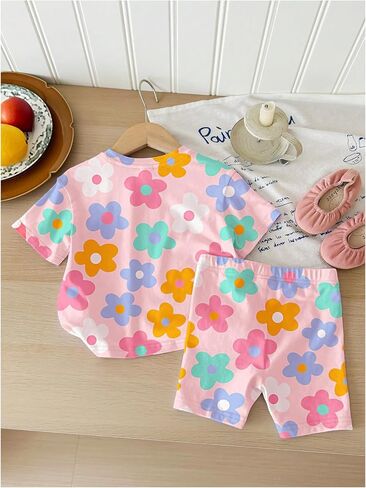Floerns Toddler Girl's 2 Piece Cute Outfit Short Sleeve Floral T Shirts with Shorts Set in Saudi Arabia