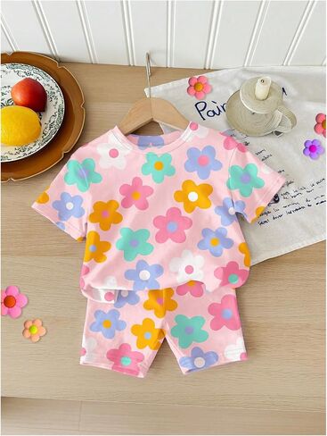 Floerns Toddler Girl's 2 Piece Cute Outfit Short Sleeve Floral T Shirts with Shorts Set in Saudi Arabia