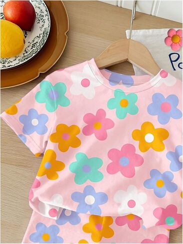 Floerns Toddler Girl's 2 Piece Cute Outfit Short Sleeve Floral T Shirts with Shorts Set in Saudi Arabia