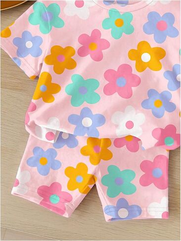 Floerns Toddler Girl's 2 Piece Cute Outfit Short Sleeve Floral T Shirts with Shorts Set in Saudi Arabia