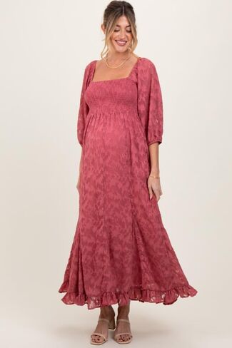 PinkBlush Textured Overlay Smocked Ruffled Hem Maternity Maxi Dress in Saudi Arabia
