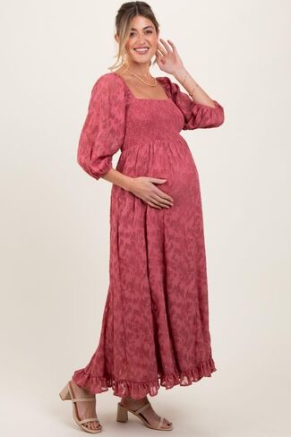 PinkBlush Textured Overlay Smocked Ruffled Hem Maternity Maxi Dress in Saudi Arabia