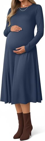 Women's Long Sleeve Maternity Dress Crew Neck Fall Pregnancy Casual Clothes Dresses with Pleated Loose Hem in Saudi Arabia