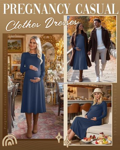 Women's Long Sleeve Maternity Dress Crew Neck Fall Pregnancy Casual Clothes Dresses with Pleated Loose Hem in Saudi Arabia