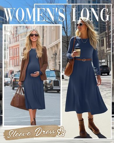 Women's Long Sleeve Maternity Dress Crew Neck Fall Pregnancy Casual Clothes Dresses with Pleated Loose Hem in Saudi Arabia