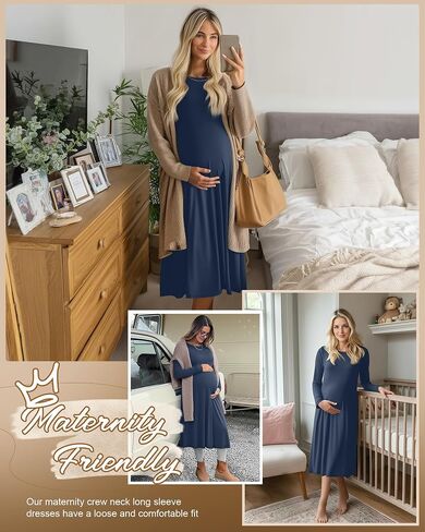 Women's Long Sleeve Maternity Dress Crew Neck Fall Pregnancy Casual Clothes Dresses with Pleated Loose Hem in Saudi Arabia