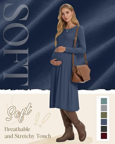 Women's Long Sleeve Maternity Dress Crew Neck Fall Pregnancy Casual Clothes Dresses with Pleated Loose Hem in Saudi Arabia