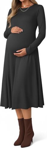 Women's Long Sleeve Maternity Dress Crew Neck Fall Pregnancy Casual Clothes Dresses with Pleated Loose Hem in Saudi Arabia