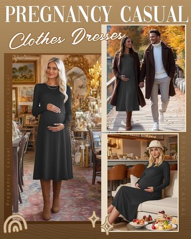 Women's Long Sleeve Maternity Dress Crew Neck Fall Pregnancy Casual Clothes Dresses with Pleated Loose Hem in Saudi Arabia