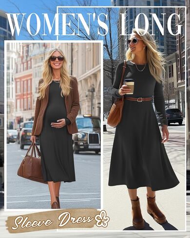 Women's Long Sleeve Maternity Dress Crew Neck Fall Pregnancy Casual Clothes Dresses with Pleated Loose Hem in Saudi Arabia