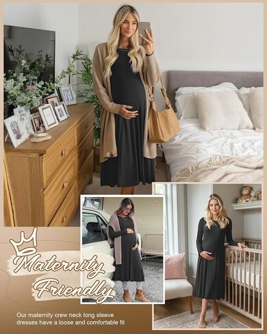 Women's Long Sleeve Maternity Dress Crew Neck Fall Pregnancy Casual Clothes Dresses with Pleated Loose Hem in Saudi Arabia