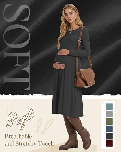 Women's Long Sleeve Maternity Dress Crew Neck Fall Pregnancy Casual Clothes Dresses with Pleated Loose Hem in Saudi Arabia