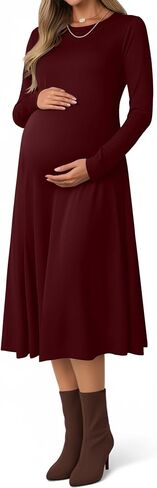 Women's Long Sleeve Maternity Dress Crew Neck Fall Pregnancy Casual Clothes Dresses with Pleated Loose Hem in Saudi Arabia