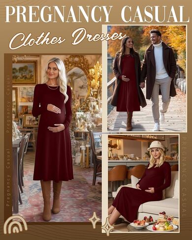 Women's Long Sleeve Maternity Dress Crew Neck Fall Pregnancy Casual Clothes Dresses with Pleated Loose Hem in Saudi Arabia
