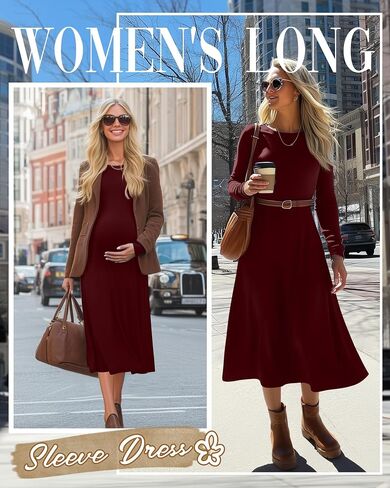 Women's Long Sleeve Maternity Dress Crew Neck Fall Pregnancy Casual Clothes Dresses with Pleated Loose Hem in Saudi Arabia