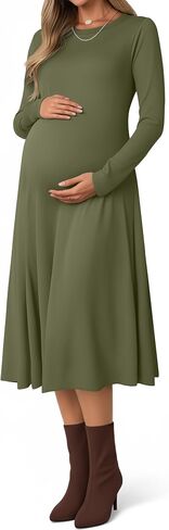 Women's Long Sleeve Maternity Dress Crew Neck Fall Pregnancy Casual Clothes Dresses with Pleated Loose Hem in Saudi Arabia