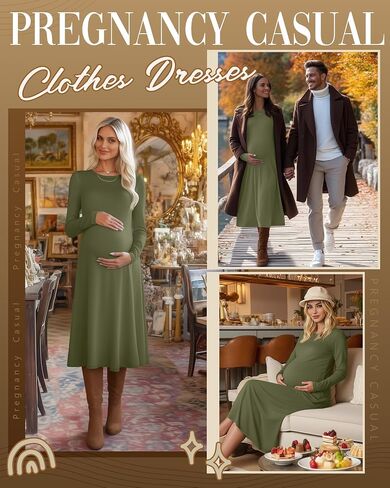 Women's Long Sleeve Maternity Dress Crew Neck Fall Pregnancy Casual Clothes Dresses with Pleated Loose Hem in Saudi Arabia