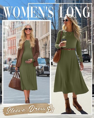 Women's Long Sleeve Maternity Dress Crew Neck Fall Pregnancy Casual Clothes Dresses with Pleated Loose Hem in Saudi Arabia