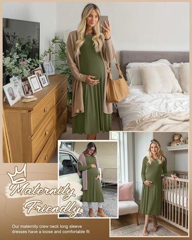 Women's Long Sleeve Maternity Dress Crew Neck Fall Pregnancy Casual Clothes Dresses with Pleated Loose Hem in Saudi Arabia