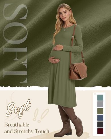 Women's Long Sleeve Maternity Dress Crew Neck Fall Pregnancy Casual Clothes Dresses with Pleated Loose Hem in Saudi Arabia