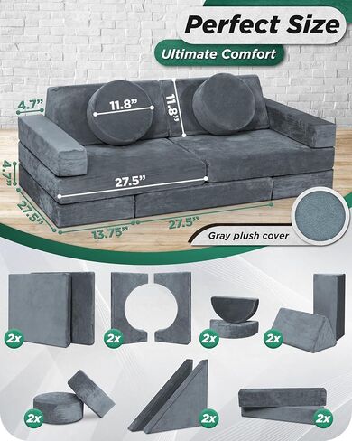 Lunix LX15 14 قطعة من أريكة لعب الأطفال المعيارية، أريكة مقسمة للأطفال، أثاث غرفة نوم وغرفة لعب للأطفال الصغار، إسفنج قابل للتحويل ووسادة أرضية للأولاد والبنات، أصفر in Kuwait