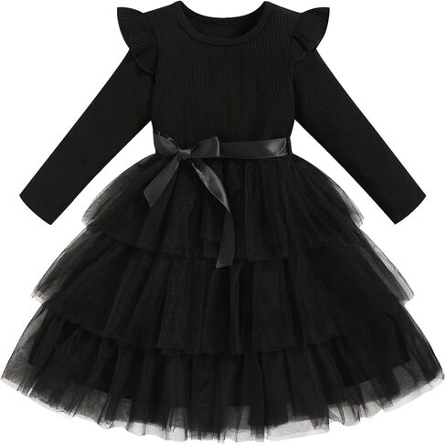 Toddler Dress Girls Ruffle Long Sleeve Layered Tulle Dress Fall Spring Fashion Party Dresses 2-6Y in Kuwait