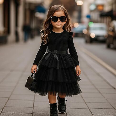Toddler Dress Girls Ruffle Long Sleeve Layered Tulle Dress Fall Spring Fashion Party Dresses 2-6Y in Kuwait