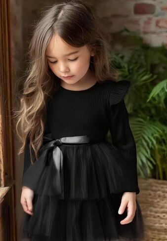 Toddler Dress Girls Ruffle Long Sleeve Layered Tulle Dress Fall Spring Fashion Party Dresses 2-6Y in Kuwait
