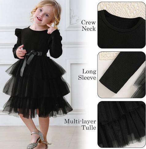 Toddler Dress Girls Ruffle Long Sleeve Layered Tulle Dress Fall Spring Fashion Party Dresses 2-6Y in Kuwait