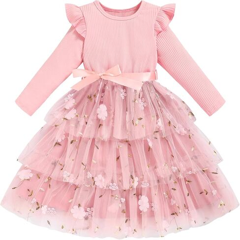 Toddler Dress Girls Ruffle Long Sleeve Layered Tulle Dress Fall Spring Fashion Party Dresses 2-6Y in Kuwait