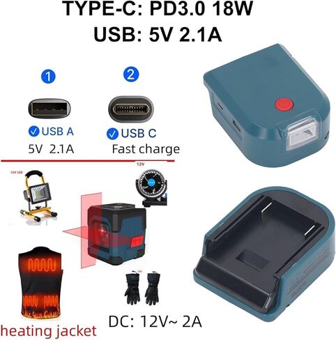 Power Battery Adapter with 18W PD3.0 Type C Charger and LED Light for 14.4V to 18V Cordless Tool Batteries Universal Voltage Converter Drills in Saudi Arabia