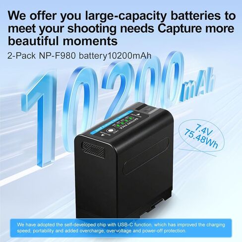 بطارية بديلة NP-F980 بقدرة 10200 مللي أمبير في الساعة مع منفذ شحن مباشر من النوع C تناسب Sony NP-F970 NP-F960 NP-F975 NP-F950، تناسب Sony DCR-VX2100، DSR-PD150، FDR-AX1، HDR-AX2000، إلخ in Kuwait