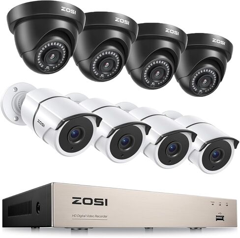 نظام الأمان ZOSI 8CH 5MP Lite: 4 كاميرات معدنية خارجية و4 كاميرات داخلية ذات قبة بيضاء (بدون محرك أقراص ثابت) | تقنية الذكاء الاصطناعي لاكتشاف الأشخاص/المركبات، صوت أحادي الاتجاه، رؤية ليلية، مسجل فيديو رقمي H.265+. in Saudi Arabia