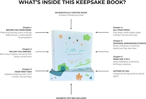 Little You - كتاب ذكريات الطفل ومجلة الحمل (120 صفحة) - حديثي الولادة حتى 5 سنوات - صندوق هدايا مغناطيسي + جيوب للصور + رسالة تفتح عند 21 - ألبوم تذكار للأولاد والبنات in Saudi Arabia