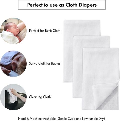 RUVANTI Unisex Birdseye Flat-Fold Cloth Diapers for Babies 3 Pack, 100% Cotton Reusable Diaper Inserts 23x23 Inches, White in Saudi Arabia