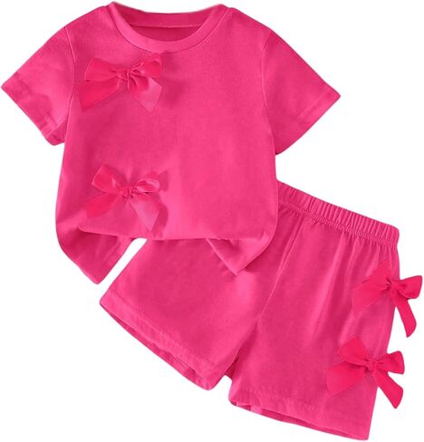 WDIRARA Toddler Girls 2 Piece Cute Outfits Bow Short Sleeve T Shirt and Shorts Sets in Kuwait