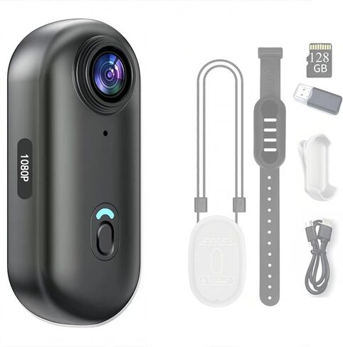 كاميرا الجسم الصغيرة بدقة 1080 بكسل بسعة 128 جيجابايت، كاميرا الجسم بحجم الإبهام، كاميرات رياضية يمكن ارتداؤها، تسجيل POV بدون استخدام اليدين، حامل على الخوذة، فيديو رقمي رياضي مغناطيسي لركوب الدراجات، للسباحة أثناء مشي الحيوانات الأليفة (أسود-64G) in Kuwait