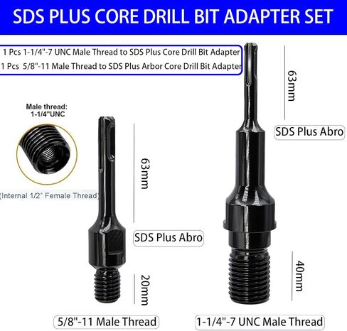 Converter for Concrete Core Bit Set, 1 Pcs 1-1/4"-7 UNC Male Thread to SDS Plus Core Drill Bit Adapter, 1 Pcs 5/8"-11 Male Thread to SDS Plus Arbor Core Drill Bit Adapter in Saudi Arabia