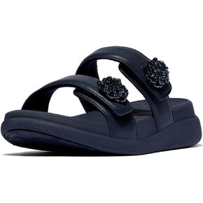 صندل نسائي من FitFlop على شكل حرف F-Mode Go Beadie-Button قابل للتعديل على شكل مسطح 2-Bar - صنادل مبطنة من الجلد الصناعي مع راحة Microwobbleboard ونعل مقاوم للانزلاق - أزرق داكن، 6.5 in Kuwait