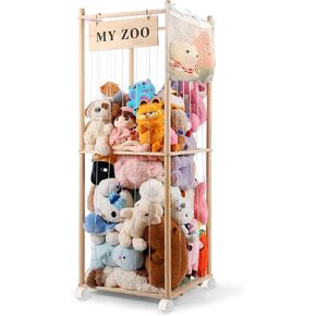 Stuffed Animal Storage Zoo with Wheels, Wooden Stuffed Animal Organizer with Elastic Cords, Space Saving Toy Plushies Storage Holder for Playroom, Bedroom, Living Room(Burlywood, Small) in Saudi Arabia