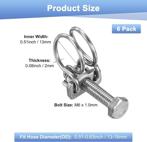 10-Pack Double Wire Hose Clamp, 43-48mm Stainless Steel Hose Clips Pipe Tube Clamps with M6 Bolt Adjustable for Dust Collection Hose/Pump/Rubber/PVC Pipe Connect [Silver] in Saudi Arabia
