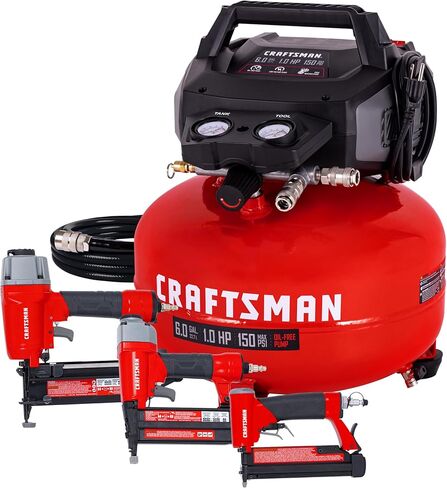 مجموعة أدوات كومبو لضاغط الهواء بان كيك سعة 6 جالون من Craftsman، 150 رطل لكل بوصة مربعة، خالية من الزيت، تتضمن أداة تثبيت نهائية 16 جيجا، أداة تثبيت المسامير 18 جيجا، أداة تثبيت المسامير 23 جيجا، وخرطوم هواء بطول 25 قدمًا، موديل CMXECXA0210641K in Kuwait
