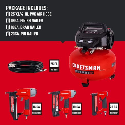 مجموعة أدوات كومبو لضاغط الهواء بان كيك سعة 6 جالون من Craftsman، 150 رطل لكل بوصة مربعة، خالية من الزيت، تتضمن أداة تثبيت نهائية 16 جيجا، أداة تثبيت المسامير 18 جيجا، أداة تثبيت المسامير 23 جيجا، وخرطوم هواء بطول 25 قدمًا، موديل CMXECXA0210641K in Kuwait