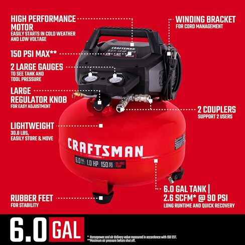 مجموعة أدوات كومبو لضاغط الهواء بان كيك سعة 6 جالون من Craftsman، 150 رطل لكل بوصة مربعة، خالية من الزيت، تتضمن أداة تثبيت نهائية 16 جيجا، أداة تثبيت المسامير 18 جيجا، أداة تثبيت المسامير 23 جيجا، وخرطوم هواء بطول 25 قدمًا، موديل CMXECXA0210641K in Kuwait