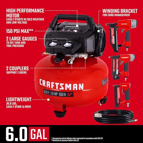 مجموعة أدوات كومبو لضاغط الهواء بان كيك سعة 6 جالون من Craftsman، 150 رطل لكل بوصة مربعة، خالية من الزيت، تتضمن أداة تثبيت نهائية 16 جيجا، أداة تثبيت المسامير 18 جيجا، أداة تثبيت المسامير 23 جيجا، وخرطوم هواء بطول 25 قدمًا، موديل CMXECXA0210641K in Kuwait