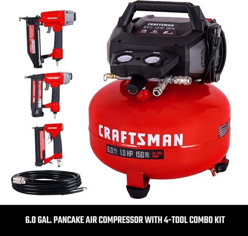 مجموعة أدوات كومبو لضاغط الهواء بان كيك سعة 6 جالون من Craftsman، 150 رطل لكل بوصة مربعة، خالية من الزيت، تتضمن أداة تثبيت نهائية 16 جيجا، أداة تثبيت المسامير 18 جيجا، أداة تثبيت المسامير 23 جيجا، وخرطوم هواء بطول 25 قدمًا، موديل CMXECXA0210641K in Kuwait