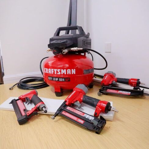 مجموعة أدوات كومبو لضاغط الهواء بان كيك سعة 6 جالون من Craftsman، 150 رطل لكل بوصة مربعة، خالية من الزيت، تتضمن أداة تثبيت نهائية 16 جيجا، أداة تثبيت المسامير 18 جيجا، أداة تثبيت المسامير 23 جيجا، وخرطوم هواء بطول 25 قدمًا، موديل CMXECXA0210641K in Kuwait