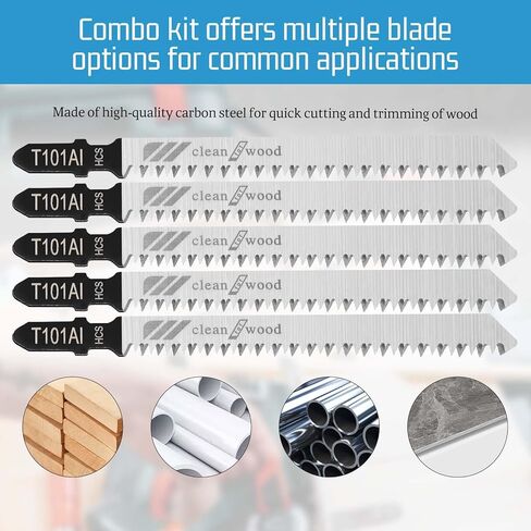 T101AI شفرات المنشار T-Shank لمقاولي الخشب المتنوعة، مجموعة شفرات منشار الرقصة 4 بوصة، 5 قطع T Shank Jig Saw Blade للتقطيع السريع للخشب والخشب الصلب والخشب الرقائقي والبلاستيك والمعادن والفضة in Kuwait