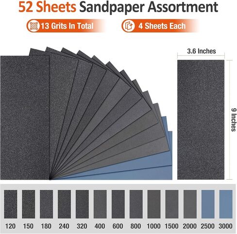 Sand Paper Assortment, 52 Sheets Assorted Grits 120/150/180/240/320/400/600/800/1000/1500/2000/2500/3000, 4 Sheets Each, 9 x 3.6 Inches, Dry & Wet Sanding, Abrasive Sanding Sheets in Saudi Arabia