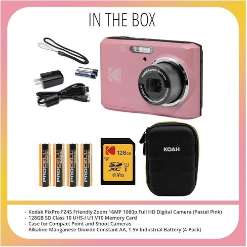 كاميرا Kodak PIXPRO FZ45 Friendly Zoom 16MP 1080p Full HD الرقمية (وردي باستيل) مع بطاقة SD سعة 128 جيجابايت، وحقيبة كاميرا مدمجة وحزمة بطاريات AA 4X إضافية (4 عناصر) in Kuwait